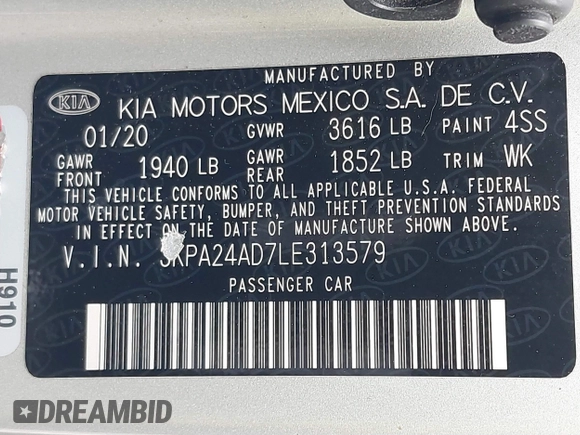 2020 Kia Rio LX with VIN 3KPA24AD7LE313579, listed as a IAAI auction lot 41884205 with 112,586 mi miles and . Bid and sale history available at DreamBid. Image 9.