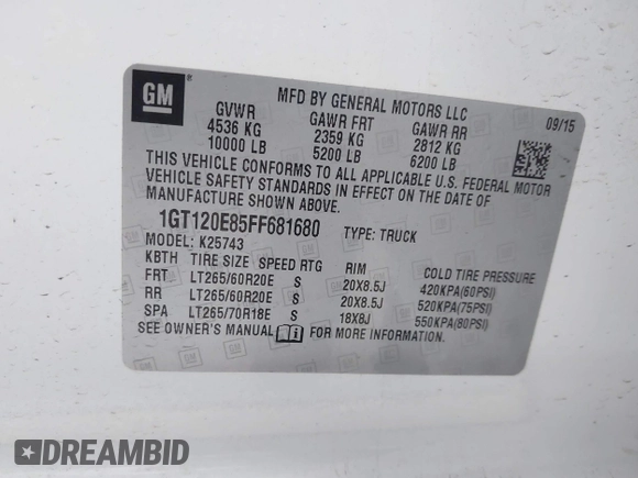2015 GMC Sierra 2500HD Denali with VIN 1GT120E85FF681680, listed as a IAAI auction lot 42081711 with 67,676 mi miles and . Bid and sale history available at DreamBid. Image 9.