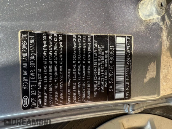 2013 Land Rover Range Rover Sport HSE Lux with VIN SALSK2D46DA803531, listed as a Copart auction lot 64678465 with Not provided miles and Clean title. Bid and sale history available at DreamBid. Image 10.