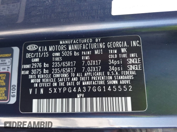 2016 Kia Sorento LX with VIN 5XYPG4A37GG145552, listed as a IAAI auction lot 42014900 with 153,191 mi miles. Bid and sale history available at carsss.com. Image 9.