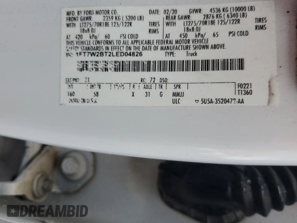 2020 Ford F-250 XL with VIN 1FT7W2BT2LED04826, listed as a Copart auction lot 50761145 with Not provided miles and Salvage title. Bid and sale history available at DreamBid. Image 13.