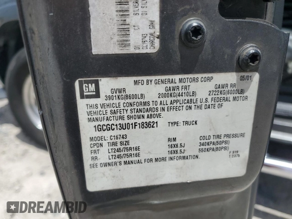 2001 Chevrolet Silverado 1500HD LS z VIN 1GCGC13U01F183621, wystawiony jako Copart lot #64191004 z przebiegiem 378 320 mil mil oraz Szkoda całkowita • Salvage title. Historia ofert i sprzedaży dostępna na DreamBid. Obrazek 12.