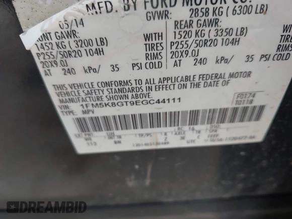 2014 Ford Explorer Sport with VIN 1FM5K8GT9EGC44111, listed as a IAAI auction lot 42707063 with 175,528 mi miles and . Bid and sale history available at DreamBid. Image 9.