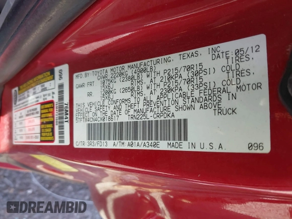 2012 Toyota Tacoma with VIN 5TFTX4CN4CX018617, listed as a IAAI auction lot 42067785 with 138,371 mi miles and . Bid and sale history available at DreamBid. Image 9.