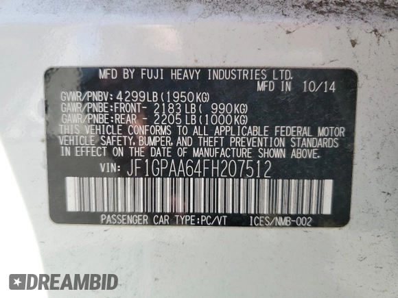 2015 Subaru Impreza 2.0i z VIN JF1GPAA64FH207512, wystawiony jako Copart lot #57500325 z przebiegiem 167 038 mil mil oraz Szkoda całkowita • Salvage title. Historia ofert i sprzedaży dostępna na DreamBid. Obrazek 12.