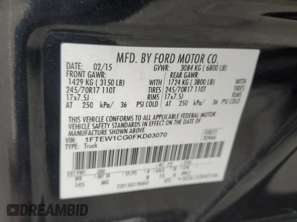 2015 Ford F-150 XL with VIN 1FTEW1CG0FKD03070, listed as a Copart auction lot 52990475 with 102,844 mi miles and Salvage title. Bid and sale history available at DreamBid. Image 12.
