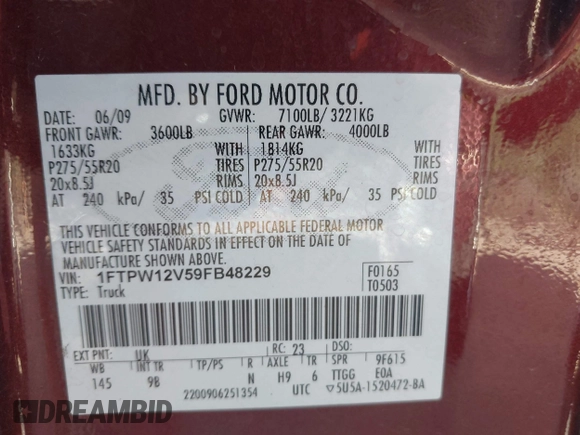 2009 Ford F-150 XL with VIN 1FTPW12V59FB48229, listed as a IAAI auction lot 42613230 with 228,404 mi miles and . Bid and sale history available at DreamBid. Image 9.