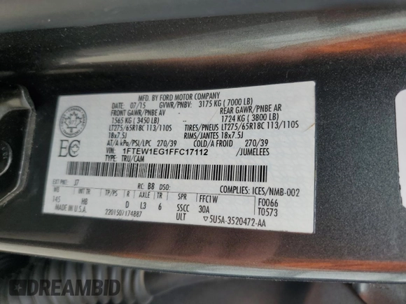 2015 Ford F-150 XLT с VIN 1FTEW1EG1FFC17112, выставлен на аукционе Copart как лот 56125095 с пробегом 83 685 миль миль и Списание • Salvage title. История ставок и продаж доступна на DreamBid. Изображение 12.