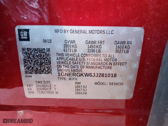 2018 Chevrolet Traverse LT Cloth with VIN 1GNERGKW6JJ281018, listed as a Copart auction lot 45367585 with 111,630 mi miles and Non Repairable. Bid and sale history available at carsss.com. Image 13.
