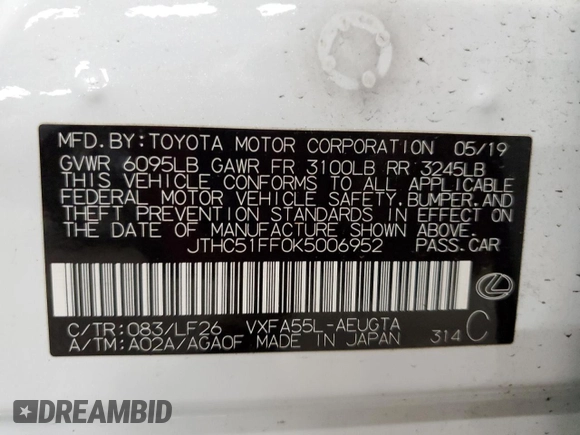 2019 Lexus LS 500 with VIN JTHC51FF0K5006952, listed as a Copart auction lot 87219154 with 38,788 mi miles and Salvage title. Bid and sale history available at DreamBid. Image 12.