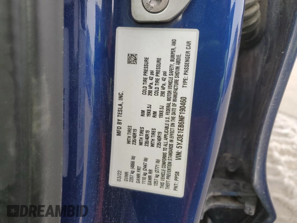 2022 Tesla Model 3 Long Range with VIN 5YJ3E1EB6NF190460, listed as a Copart auction lot 46476165 with 65,312 mi miles and Salvage Title. Bid and sale history available at carsss.com. Image 14.