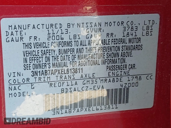 2014 Nissan Sentra SR z VIN 3N1AB7APXEL613811, wystawiony jako IAAI lot #42187989 z przebiegiem 205 633 mil mil oraz . Historia ofert i sprzedaży dostępna na DreamBid. Obrazek 9.