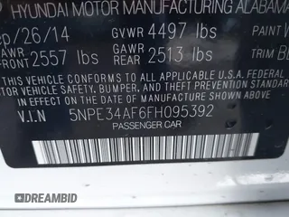 2015 Hyundai Sonata Limited with VIN 5NPE34AF6FH095392, listed as a IAAI auction lot 41813547 with 75,513 mi miles and . Bid and sale history available at carsss.com. Image 9.