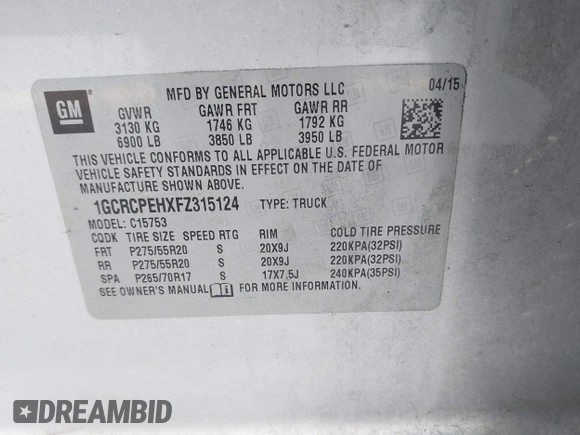 2015 Chevrolet Silverado 1500 LS with VIN 1GCRCPEHXFZ315124, listed as a IAAI auction lot 42039339 with 254,721 mi miles and . Bid and sale history available at DreamBid. Image 9.