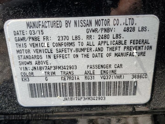 2015 Infiniti Q50 Premium with VIN JN1BV7AP3FM342903, listed as a Copart auction lot 56662055 with 124,154 mi miles and Salvage title. Bid and sale history available at DreamBid. Image 12.