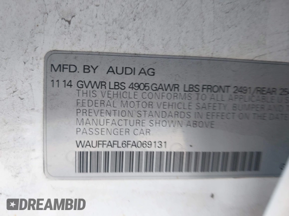 2015 Audi A4 Premium Plus with VIN WAUFFAFL6FA069131, listed as a IAAI auction lot 42103796 with 114,353 mi miles. Bid and sale history available at carsss.com. Image 9.