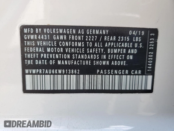 2019 Volkswagen Golf SEL Premium z VIN WVWPR7AU6KW913862, wystawiony jako Copart lot #54744685 z przebiegiem 21 610 mil mil oraz Szkoda całkowita • Salvage title. Historia ofert i sprzedaży dostępna na DreamBid. Obrazek 13.