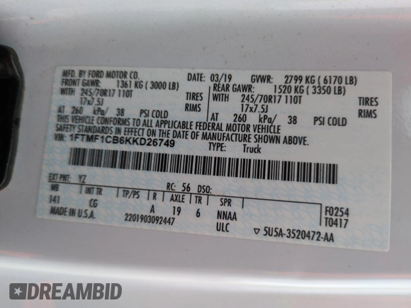2019 Ford F-150 XL with VIN 1FTMF1CB6KKD26749, listed as a Copart auction lot 49695535 with 115,003 mi miles and Salvage title. Bid and sale history available at DreamBid. Image 12.