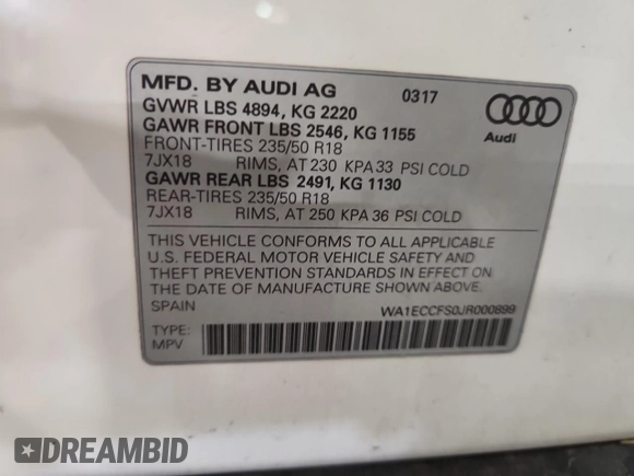 2018 Audi Q3 Premium с VIN WA1ECCFS0JR000899, выставлен на аукционе Copart как лот 59099875 с пробегом 67 354 миль миль и Списание • Salvage title. История ставок и продаж доступна на DreamBid. Изображение 14.