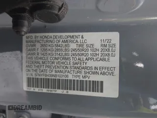 2022 Honda Pilot Sport with VIN 5FNYF6H39NB103106, listed as a IAAI auction lot 41957671 with 47,187 mi miles and . Bid and sale history available at carsss.com. Image 9.