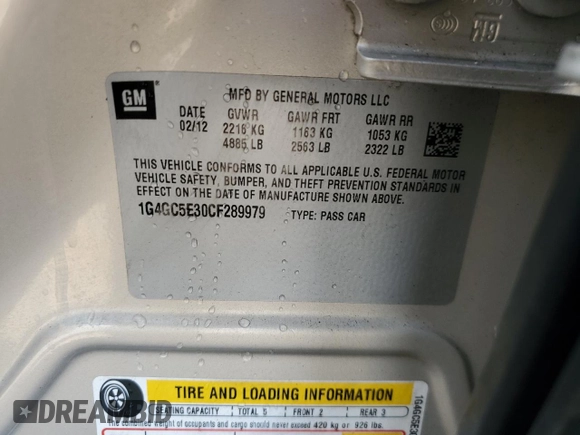 2012 Buick LaCrosse Leather with VIN 1G4GC5E30CF289979, listed as a Copart auction lot 54054655 with 80,265 mi miles and Clean title. Bid and sale history available at DreamBid. Image 12.