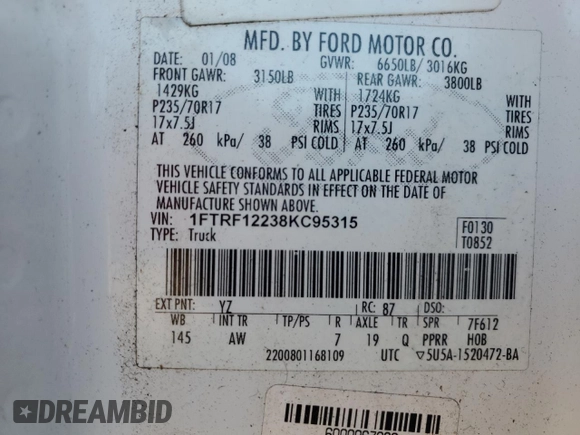 2008 Ford F-150 XL with VIN 1FTRF12238KC95315, listed as a Copart auction lot 79739344 with 170,710 mi miles and Salvage title. Bid and sale history available at DreamBid. Image 12.