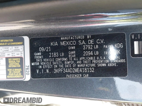 2021 Kia Forte GT-Line with VIN 3KPF34AD2ME418132, listed as a IAAI auction lot 42736894 with 58,901 mi miles and . Bid and sale history available at DreamBid. Image 9.