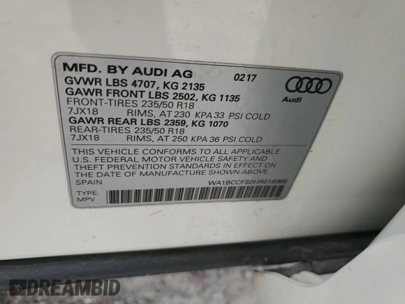 2017 Audi Q3 Premium z VIN WA1BCCFS0HR016968, wystawiony jako Copart lot #79358604 z przebiegiem Nie podano mil oraz Szkody całkowita. Historia ofert i sprzedaży dostępna na DreamBid. Obrazek 13.