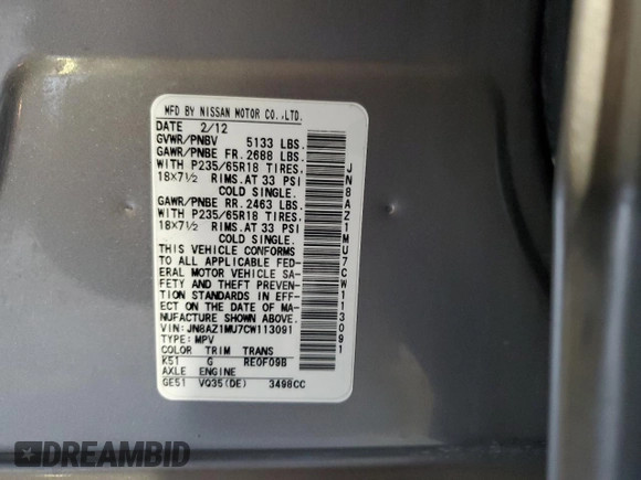 2012 Nissan Murano S with VIN JN8AZ1MU7CW113091, listed as a Copart auction lot 65792204 with 121,311 mi miles and Salvage Title. Bid and sale history available at carsss.com. Image 13.