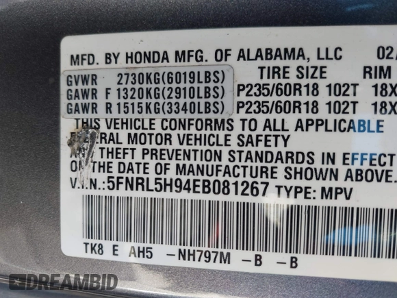 2014 Honda Odyssey Touring with VIN 5FNRL5H94EB081267, listed as a IAAI auction lot 41199509 with 146,827 mi miles and . Bid and sale history available at DreamBid. Image 9.