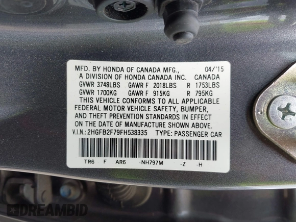 2015 Honda Civic Sedan SE with VIN 2HGFB2F79FH538335, listed as a IAAI auction lot 42049134 with 51,478 mi miles. Bid and sale history available at carsss.com. Image 9.