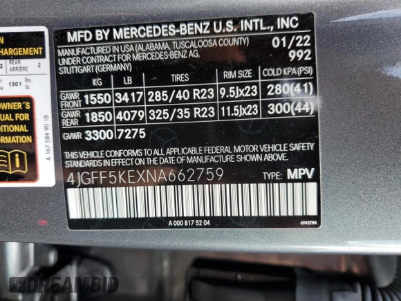 2022 Mercedes-Benz GLS with VIN 4JGFF5KEXNA662759, listed as a Copart auction lot 65176473 with 23,616 mi miles. Bid and sale history available at carsss.com. Image 14.