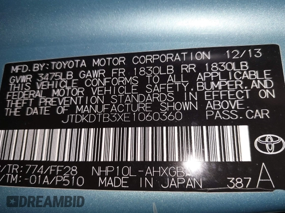 2014 Toyota Prius One z VIN JTDKDTB3XE1060360, wystawiony jako IAAI lot #41972531 z przebiegiem 140 012 mil mil oraz . Historia ofert i sprzedaży dostępna na DreamBid. Obrazek 9.