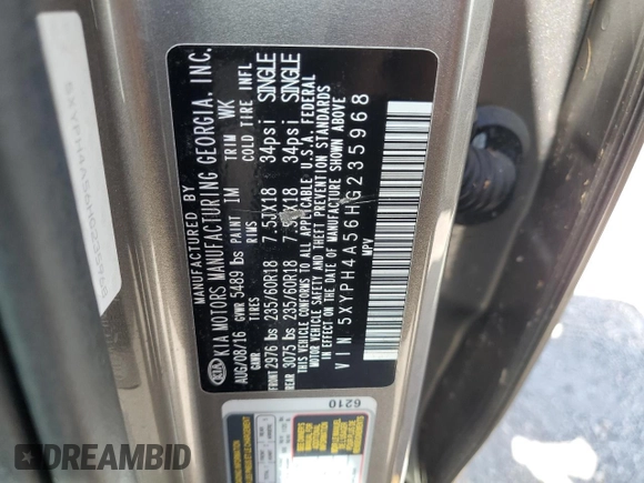 2017 Kia Sorento EX V6 with VIN 5XYPH4A56HG235968, listed as a Copart auction lot 42816975 with 0 mi miles and Salvage Title. Bid and sale history available at carsss.com. Image 14.