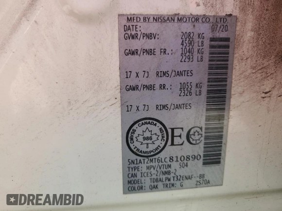 2020 Nissan Rogue SV with VIN 5N1AT2MT6LC810890, listed as a Copart auction lot 60588285 with 145,949 mi miles and Salvage title. Bid and sale history available at DreamBid. Image 14.