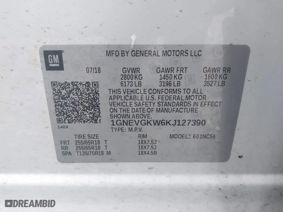 2019 Chevrolet Traverse LT Cloth with VIN 1GNEVGKW6KJ127390, listed as a IAAI auction lot 41971142 with 44,335 mi miles. Bid and sale history available at carsss.com. Image 9.