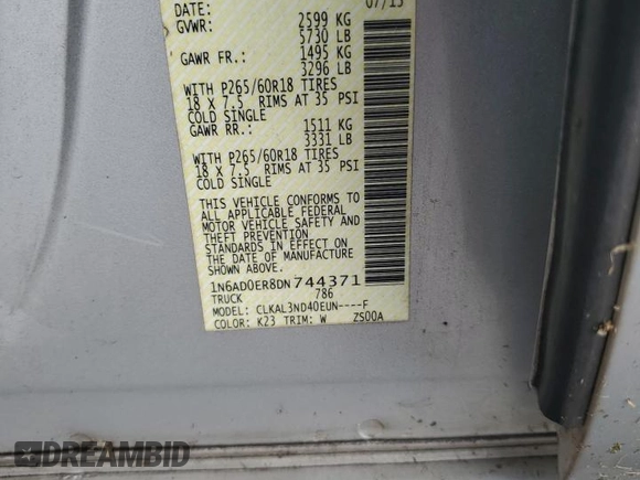 2013 Nissan Frontier SV with VIN 1N6AD0ER8DN744371, listed as a Copart auction lot 57477375 with Not provided miles and Clean title. Bid and sale history available at DreamBid. Image 12.