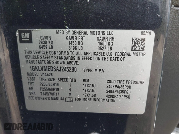 2010 GMC Acadia SLT1 with VIN 1GKLVMED3AJ245280, listed as a IAAI auction lot 41898165 with 233,244 mi miles and . Bid and sale history available at DreamBid. Image 9.