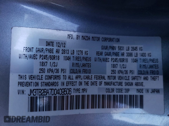 2013 Mazda CX-9 Sport with VIN JM3TB2BA7D0409506, listed as a Copart auction lot 43003285 with 193,375 mi miles and Salvage Title. Bid and sale history available at carsss.com. Image 13.