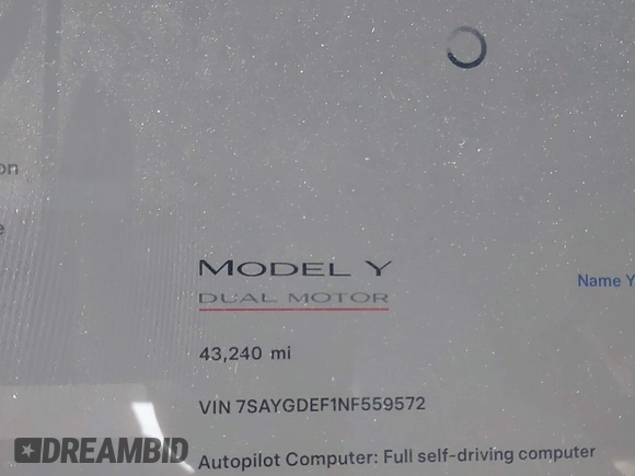 2022 Tesla Model Y Performance with VIN 7SAYGDEF1NF559572, listed as a IAAI auction lot 41516070 with 43,240 mi miles and . Bid and sale history available at DreamBid. Image 14.