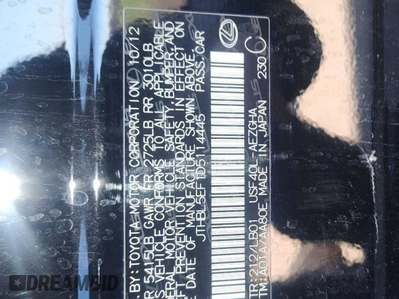 2013 Lexus LS 460 с VIN JTHBL5EF1D5114445, выставлен на аукционе Copart как лот 87036634 с пробегом 45 016 миль миль и Списание • Salvage title. История ставок и продаж доступна на DreamBid. Изображение 10.