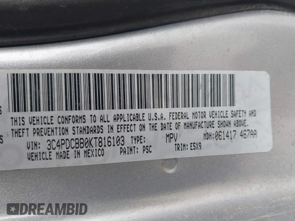 2019 Dodge Journey SE with VIN 3C4PDCBB0KT816103, listed as a IAAI auction lot 41640272 with 118,310 mi miles and . Bid and sale history available at DreamBid. Image 9.
