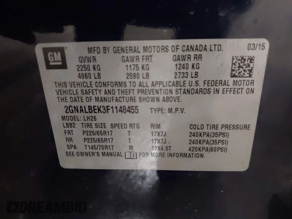 2015 Chevrolet Equinox LT with VIN 2GNALBEK3F1148455, listed as a IAAI auction lot 41925562 with 168,287 mi miles. Bid and sale history available at carsss.com. Image 9.