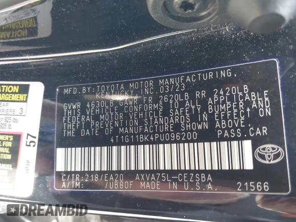 2023 Toyota Camry SE z VIN 4T1G11BK4PU096200, wystawiony jako IAAI lot #41888416 z przebiegiem 25 072 mil mil oraz . Historia ofert i sprzedaży dostępna na DreamBid. Obrazek 9.