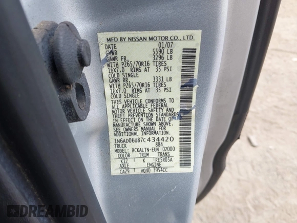 2007 Nissan Frontier SE with VIN 1N6AD06U87C434420, listed as a IAAI auction lot 42530984 with 160,160 mi miles and . Bid and sale history available at DreamBid. Image 9.