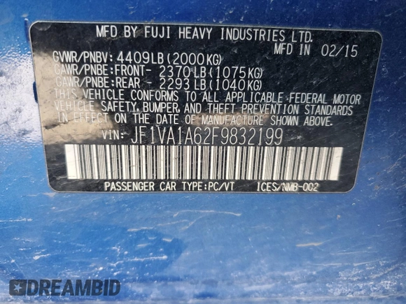 2015 Subaru WRX with VIN JF1VA1A62F9832199, listed as a Copart auction lot 42044115 with 114,819 mi miles and Salvage Title. Bid and sale history available at carsss.com. Image 12.