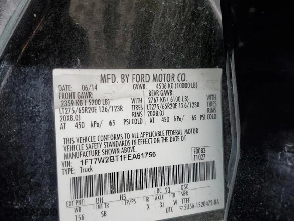 2015 Ford Super Duty F-250 SRW Lariat with VIN 1FT7W2BT1FEA61756, listed as a Copart auction lot 50970075 with 174,792 mi miles and Salvage Title. Bid and sale history available at carsss.com. Image 15.