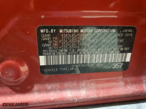 2019 Mitsubishi Outlander Sport ES 2.0 with VIN JA4AP3AU7KU013854, listed as a Copart auction lot 89256035 with 108,965 mi miles and Salvage Title. Bid and sale history available at carsss.com. Image 13.