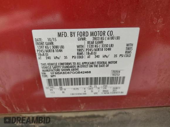 2016 Ford Explorer XLT z VIN 1FM5K8D87GGB42468, wystawiony jako Copart lot #48611155 z przebiegiem Nie podano mil oraz Szkoda całkowita • Salvage title. Historia ofert i sprzedaży dostępna na DreamBid. Obrazek 13.