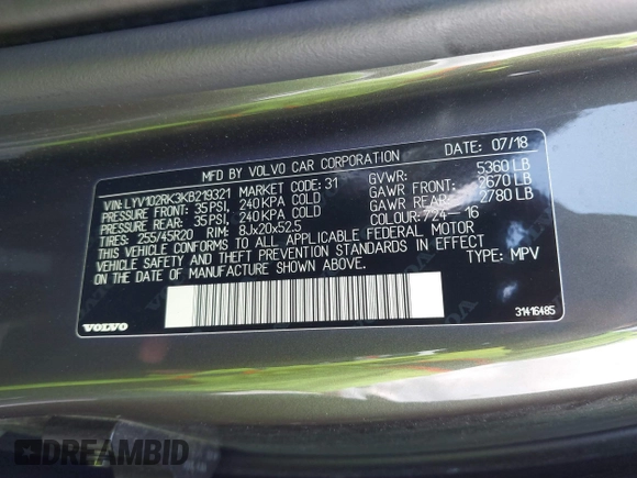 2019 Volvo XC60 Momentum with VIN LYV102RK3KB219321, listed as a IAAI auction lot 41601803 with 42,740 mi miles and . Bid and sale history available at DreamBid. Image 9.